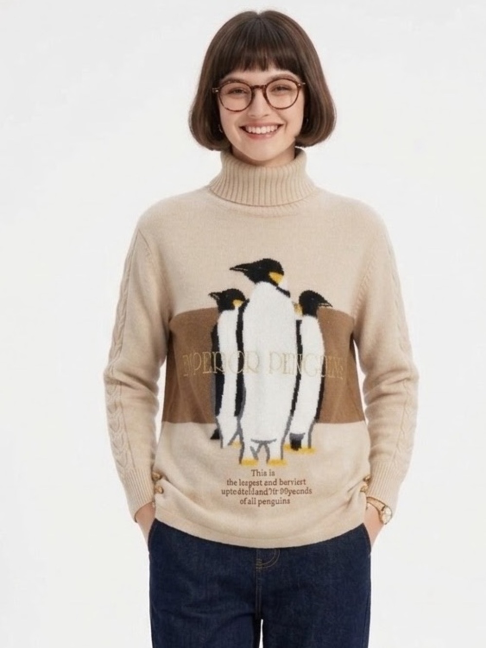 Kitschy Cottagecore Mock Neck Sweater Penguin 100% Wool Cable Knit Embroidered